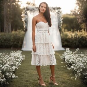 Lulus ✦ White Lace Strapless Midi Dress ✦ Sweetheart Neckline + Tiered Skirt XS